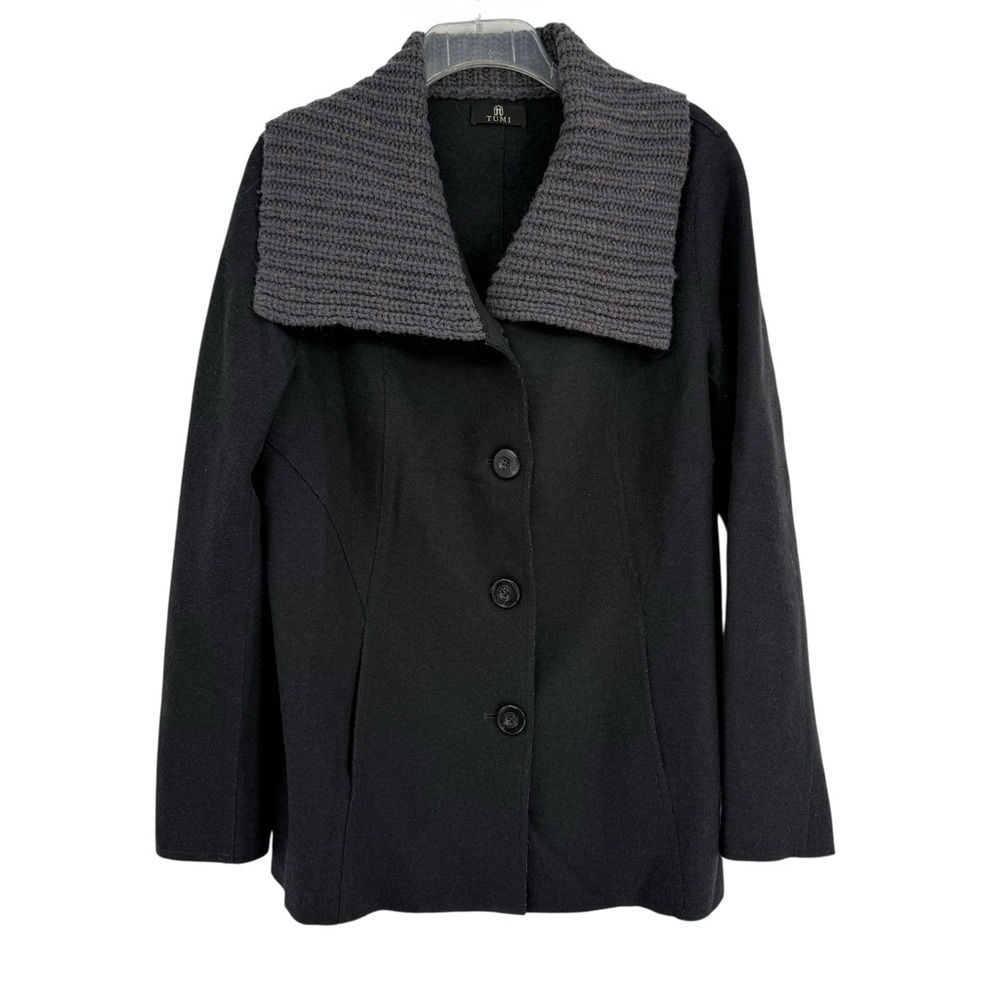 Tumi Womenโs wool Alpaca Gray button front peacoat Size Large Shawl Collar